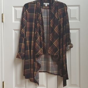Plaid open front top with draped opening
